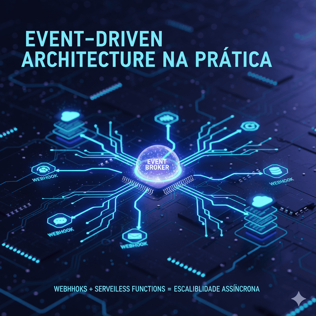 Ilustração de arquitetura orientada a eventos com serviços desacoplados por setas assíncronas.