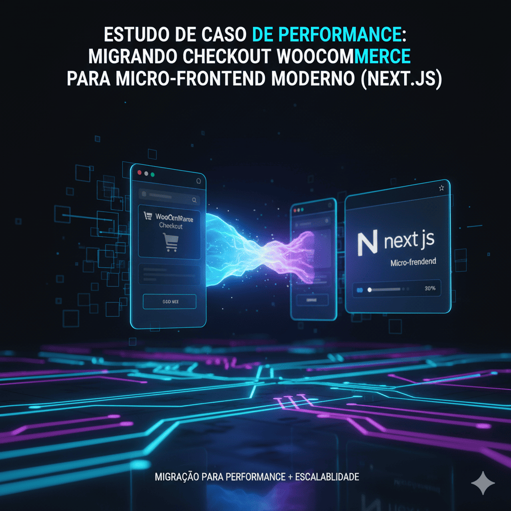 Diagrama mostrando um fluxo de migração de um servidor monolítico (PHP) para um Micro-frontend (Next.js) em um e-commerce.