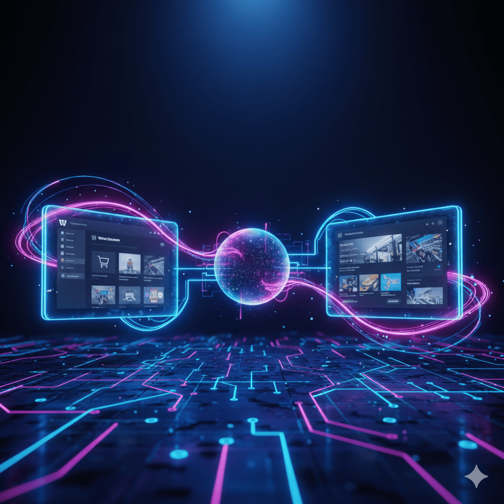 Diagrama de arquitetura mostrando a comunicação entre um frontend Next.js e um backend WooCommerce via GraphQL.